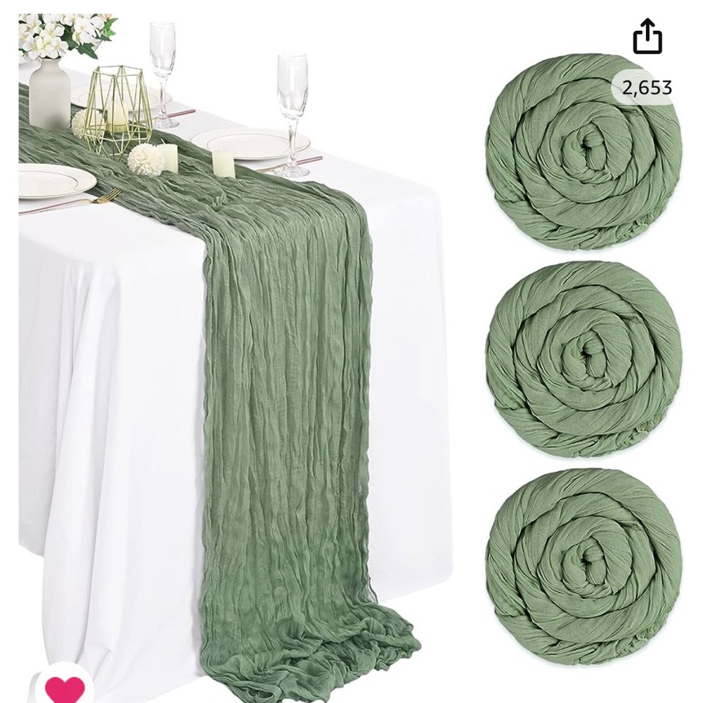 Sage green cheesecloth table runner 💒